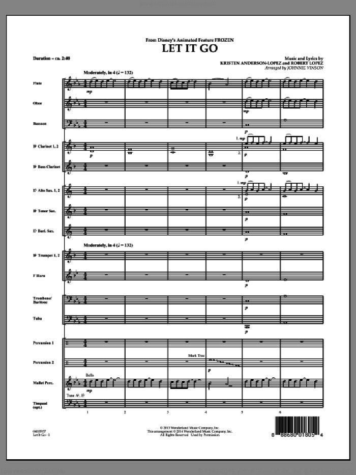 Let It Go (from Frozen) (COMPLETE) sheet music for concert band by Robert Lopez, Idina Menzel, Johnnie Vinson and Kristen Anderson-Lopez, intermediate skill level