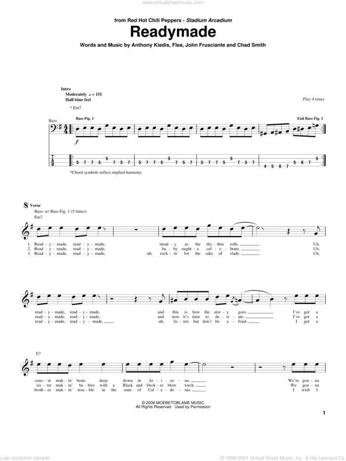 Readymade sheet music for bass (tablature) (bass guitar) by Red Hot Chili Peppers, Anthony Kiedis, Chad Smith, Flea and John Frusciante, intermediate skill level