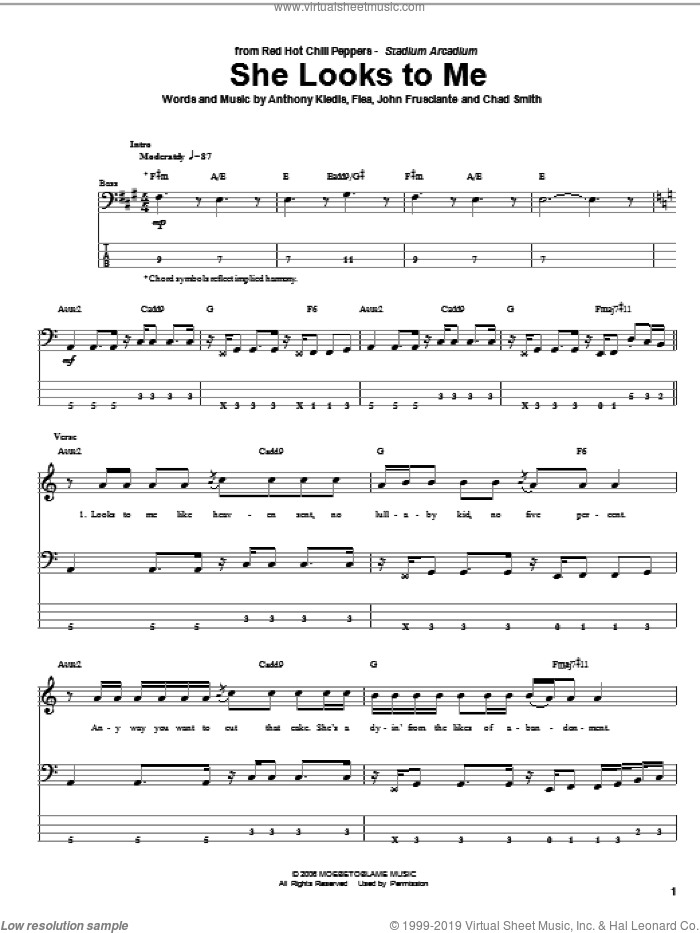 She Looks To Me sheet music for bass (tablature) (bass guitar) by Red Hot Chili Peppers, Anthony Kiedis, Chad Smith, Flea and John Frusciante, intermediate skill level