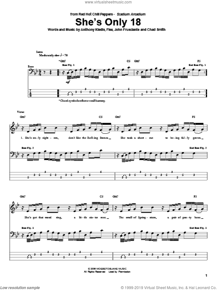 She's Only 18 sheet music for bass (tablature) (bass guitar) by Red Hot Chili Peppers, Anthony Kiedis, Chad Smith, Flea and John Frusciante, intermediate skill level