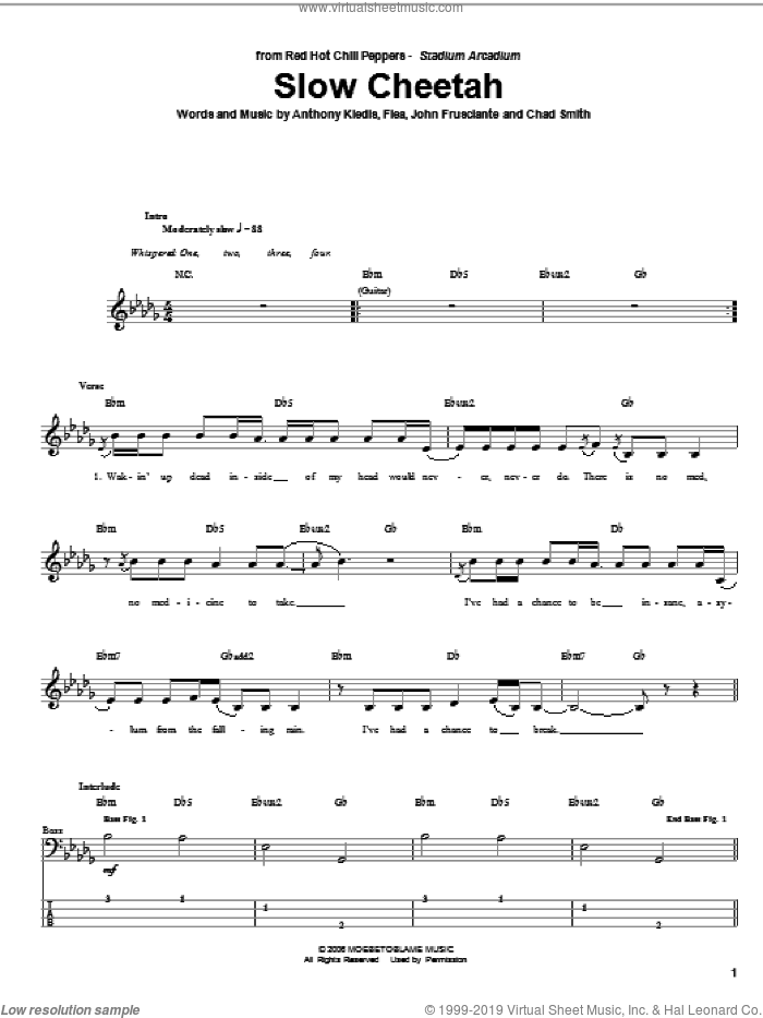Slow Cheetah sheet music for bass (tablature) (bass guitar) by Red Hot Chili Peppers, Anthony Kiedis, Chad Smith, Flea and John Frusciante, intermediate skill level