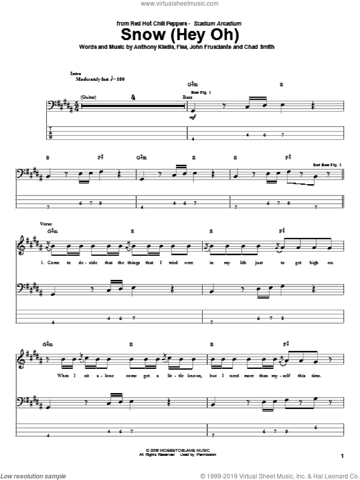 Snow (Hey Oh) sheet music for bass (tablature) (bass guitar) by Red Hot Chili Peppers, Anthony Kiedis, Chad Smith, Flea and John Frusciante, intermediate skill level
