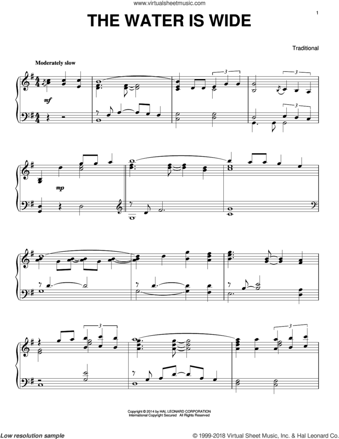 Water Is Wide, (intermediate) sheet music for piano solo, intermediate skill level