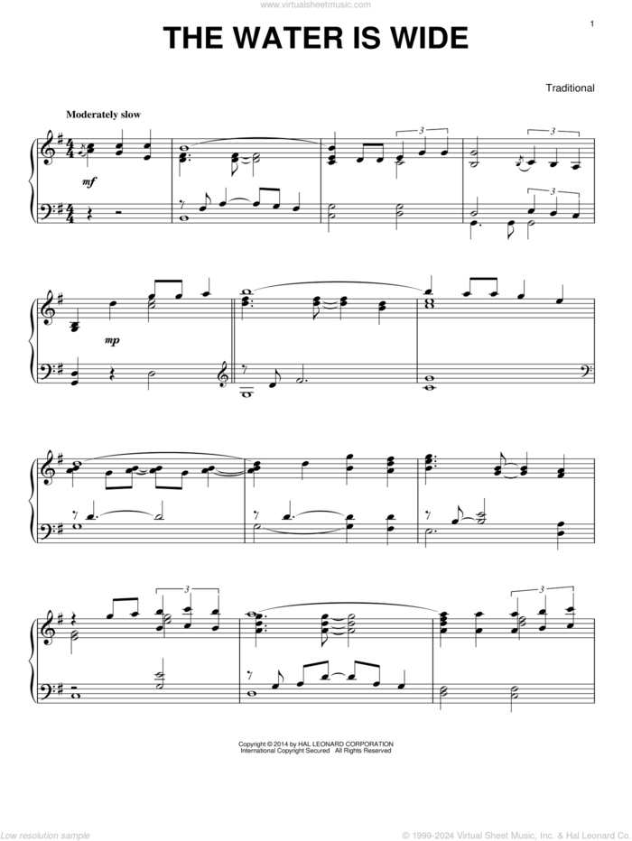 Water Is Wide, (intermediate) sheet music for piano solo, intermediate skill level