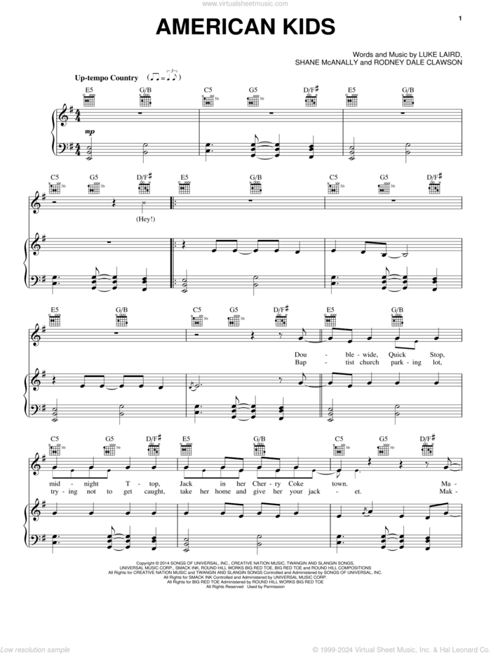 American Kids sheet music for voice, piano or guitar by Kenny Chesney, Luke Laird, Rodney Clawson and Shane McAnally, intermediate skill level
