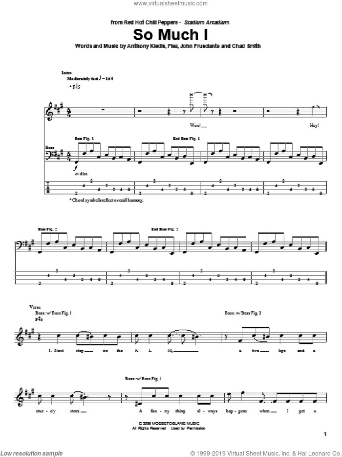 So Much I sheet music for bass (tablature) (bass guitar) by Red Hot Chili Peppers, Anthony Kiedis, Chad Smith, Flea and John Frusciante, intermediate skill level