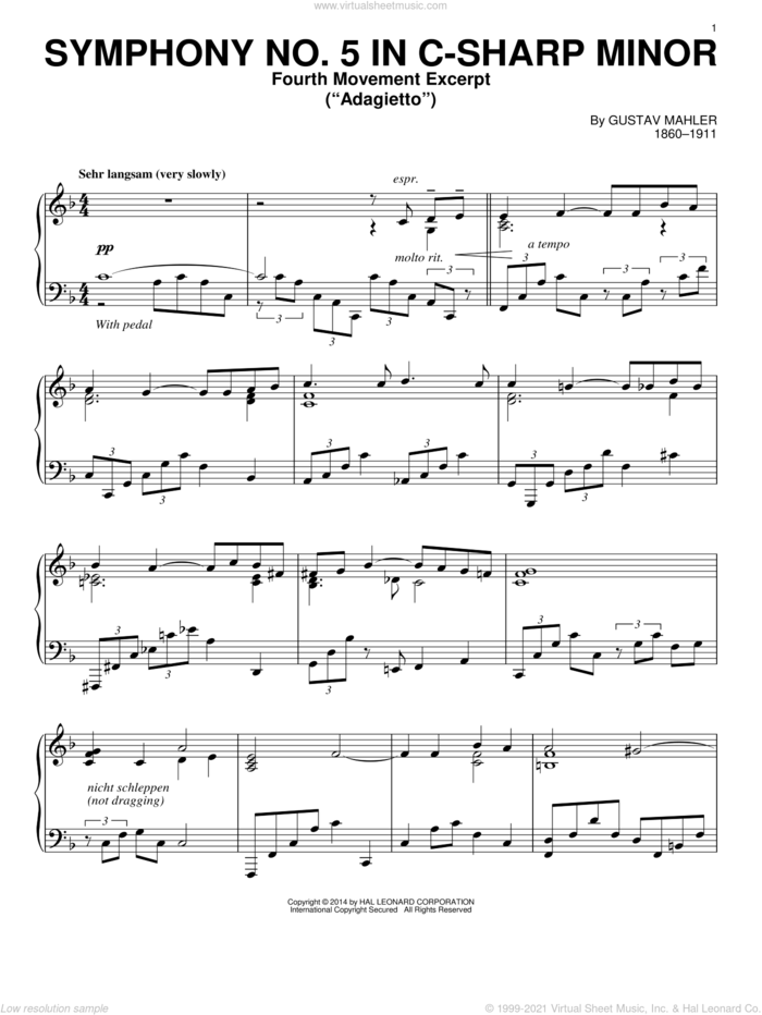 Symphony No. 5 In C-sharp Minor ('Adagietto'), Fourth Movement Excerpt sheet music for piano solo by Gustav Mahler, classical score, intermediate skill level