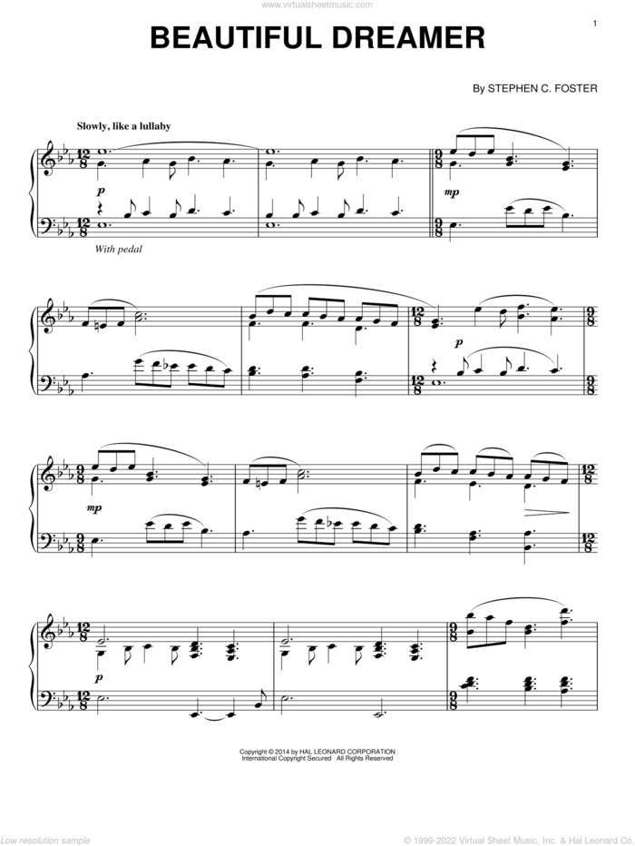 Beautiful Dreamer sheet music for piano solo by Stephen Foster, classical score, intermediate skill level