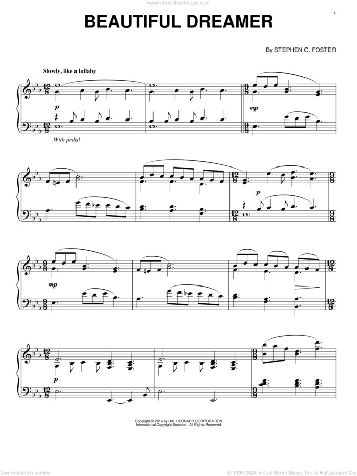 Beautiful Dreamer sheet music for piano solo by Stephen Foster, classical score, intermediate skill level