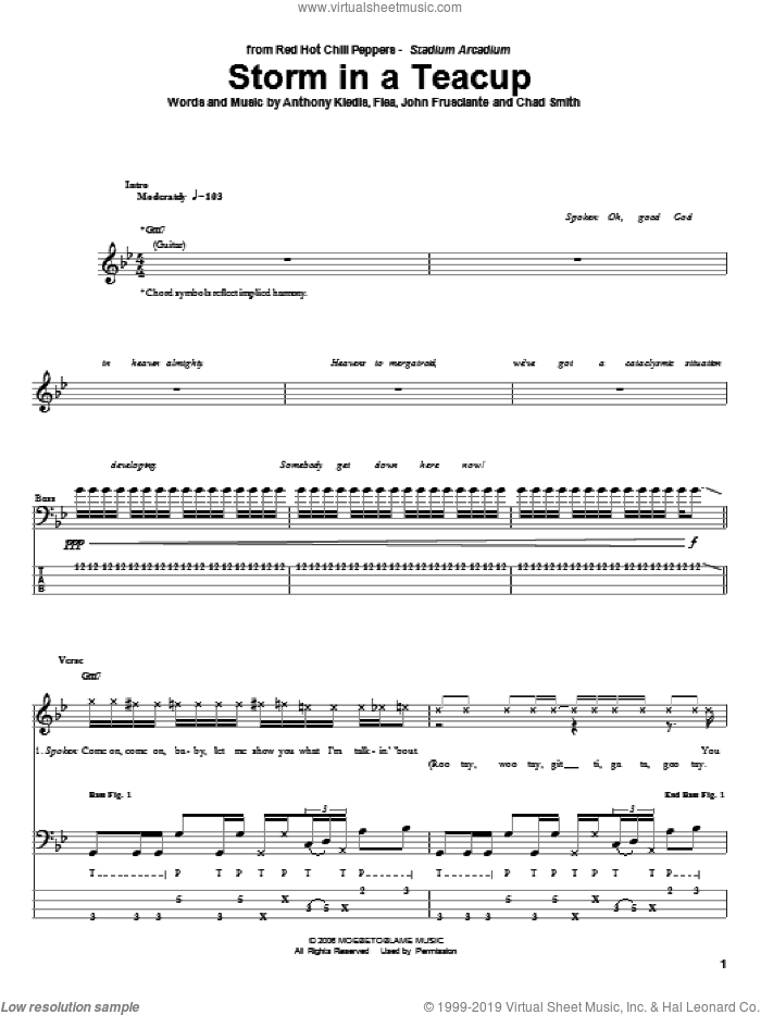 Storm In A Teacup sheet music for bass (tablature) (bass guitar) by Red Hot Chili Peppers, Anthony Kiedis, Chad Smith, Flea and John Frusciante, intermediate skill level