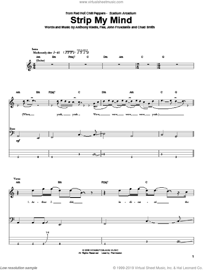 Strip My Mind sheet music for bass (tablature) (bass guitar) by Red Hot Chili Peppers, Anthony Kiedis, Chad Smith, Flea and John Frusciante, intermediate skill level