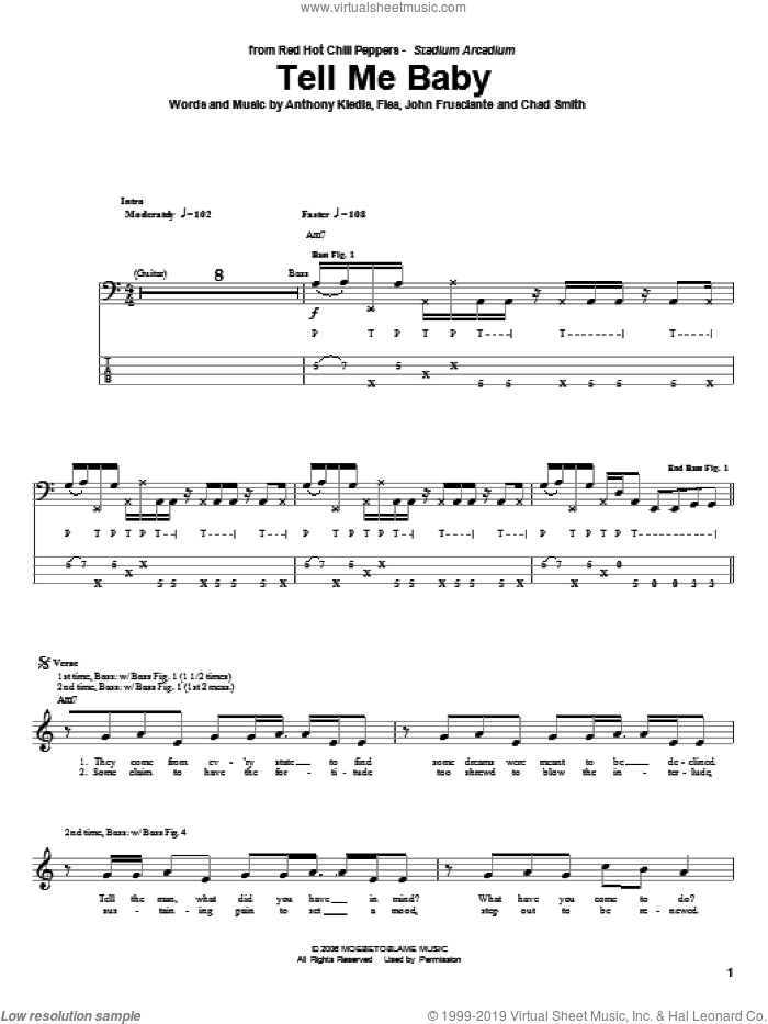 Tell Me Baby sheet music for bass (tablature) (bass guitar) by Red Hot Chili Peppers, Anthony Kiedis, Chad Smith, Flea and John Frusciante, intermediate skill level