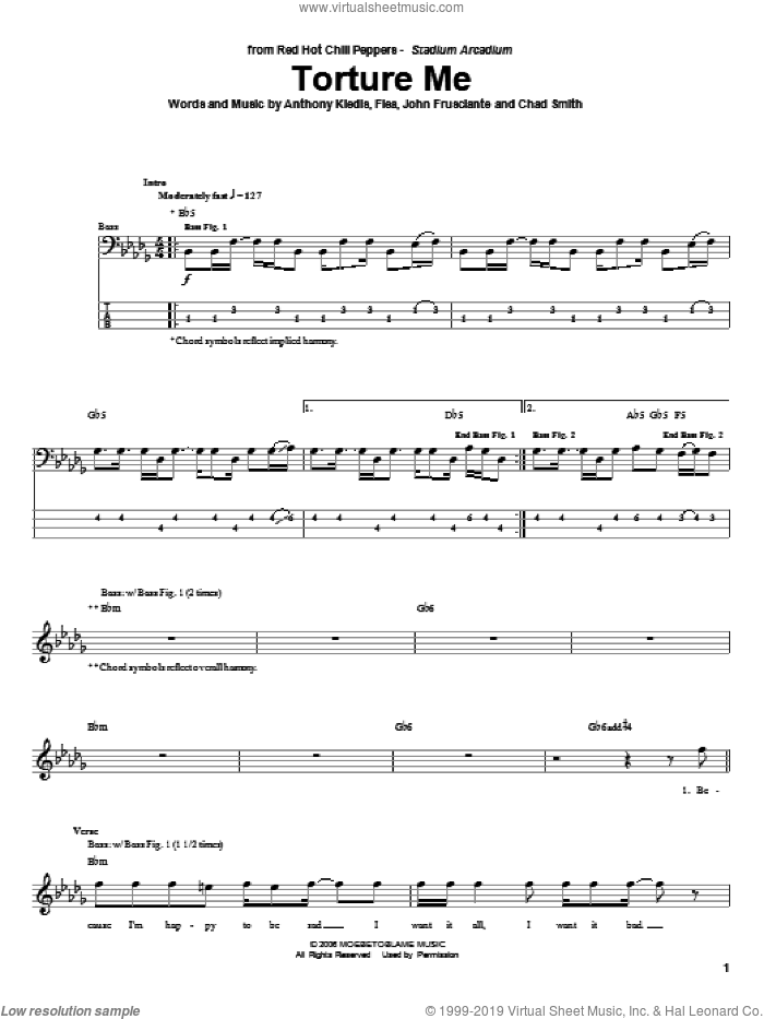 Torture Me sheet music for bass (tablature) (bass guitar) by Red Hot Chili Peppers, Anthony Kiedis, Chad Smith, Flea and John Frusciante, intermediate skill level