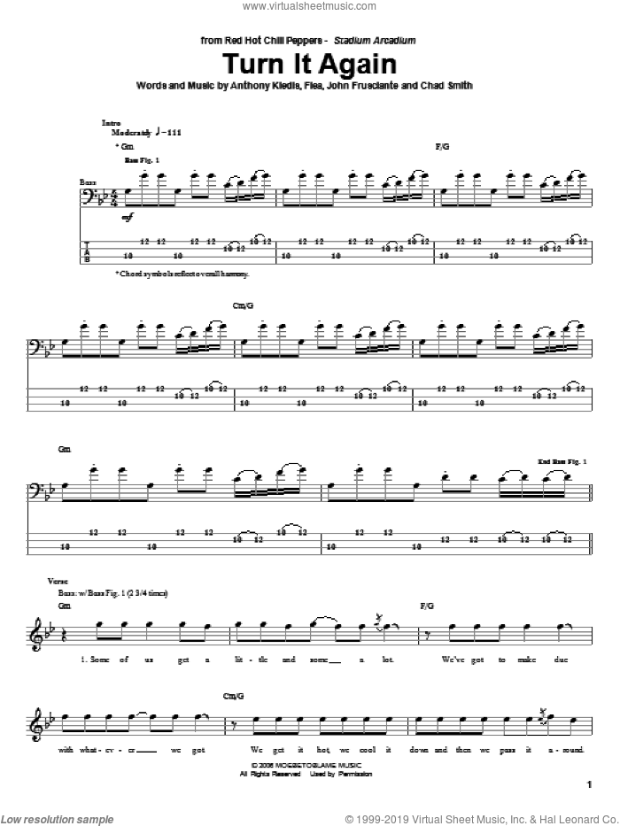 Turn It Again sheet music for bass (tablature) (bass guitar) by Red Hot Chili Peppers, Anthony Kiedis, Chad Smith, Flea and John Frusciante, intermediate skill level