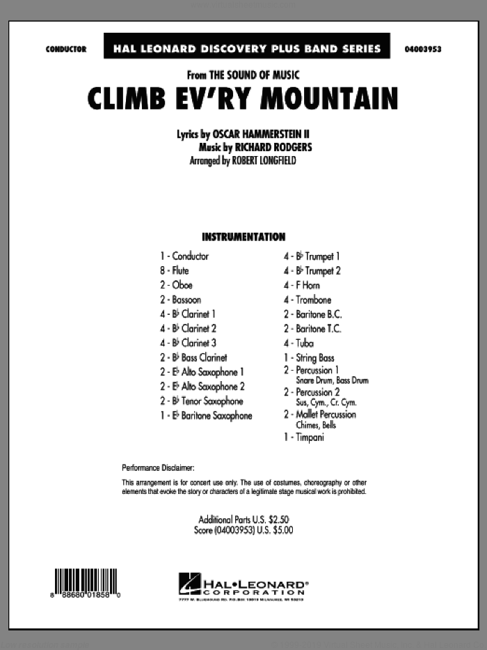 Climb Ev'ry Mountain (from The Sound of Music) (COMPLETE) sheet music for concert band by Richard Rodgers, Margery McKay, Oscar II Hammerstein, Patricia Neway, Robert Longfield and Tony Bennett, intermediate skill level