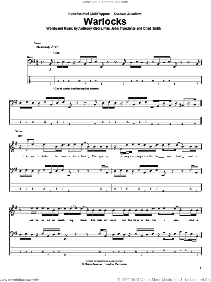 Warlocks sheet music for bass (tablature) (bass guitar) by Red Hot Chili Peppers, Anthony Kiedis, Chad Smith, Flea and John Frusciante, intermediate skill level