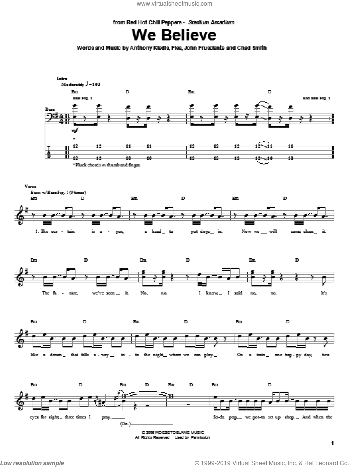 We Believe sheet music for bass (tablature) (bass guitar) by Red Hot Chili Peppers, Anthony Kiedis, Chad Smith, Flea and John Frusciante, intermediate skill level