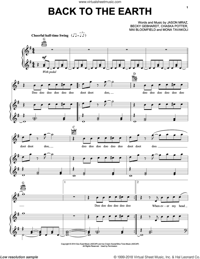 Back To The Earth sheet music for voice, piano or guitar by Jason Mraz, Becky Gebhardt, Chaska Potter, Mai Bloomfield and Mona Tavakoli, intermediate skill level