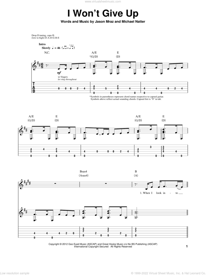 I Won't Give Up sheet music for guitar (tablature, play-along) by Jason Mraz and Michael Natter, intermediate skill level
