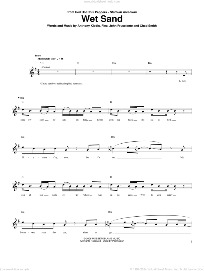 Wet Sand sheet music for bass (tablature) (bass guitar) by Red Hot Chili Peppers, Anthony Kiedis, Chad Smith, Flea and John Frusciante, intermediate skill level