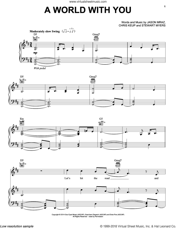 A World With You sheet music for voice, piano or guitar by Jason Mraz, Chris Keup and Stewart Myers, intermediate skill level