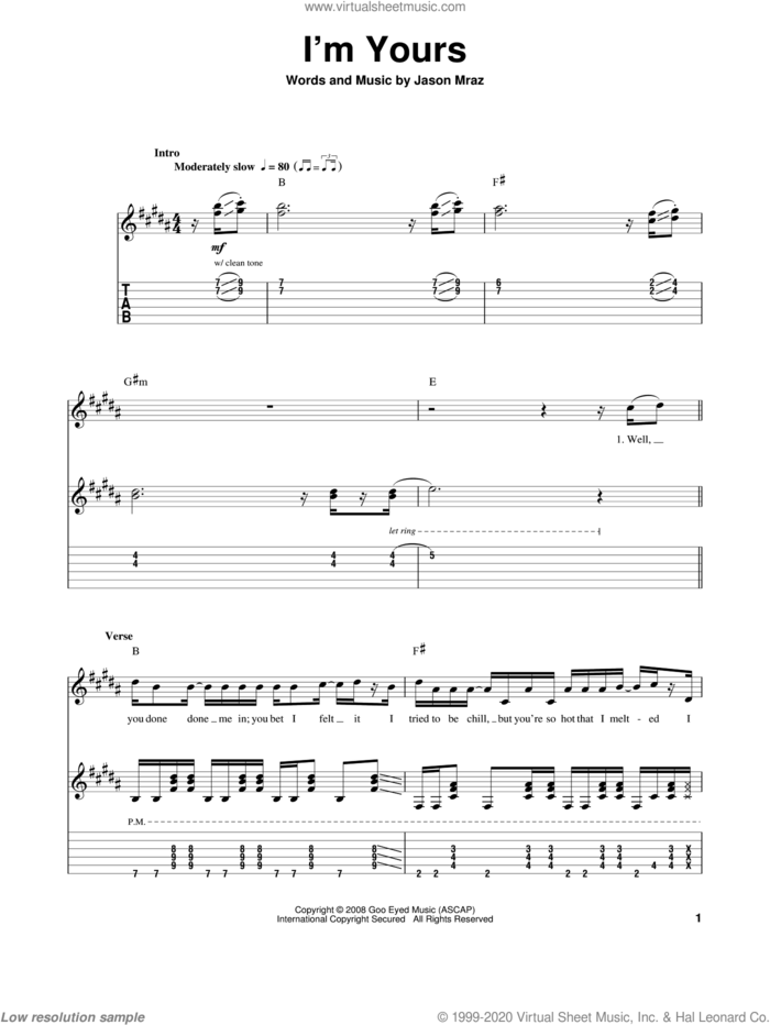 I'm Yours sheet music for guitar (tablature, play-along) by Jason Mraz, intermediate skill level
