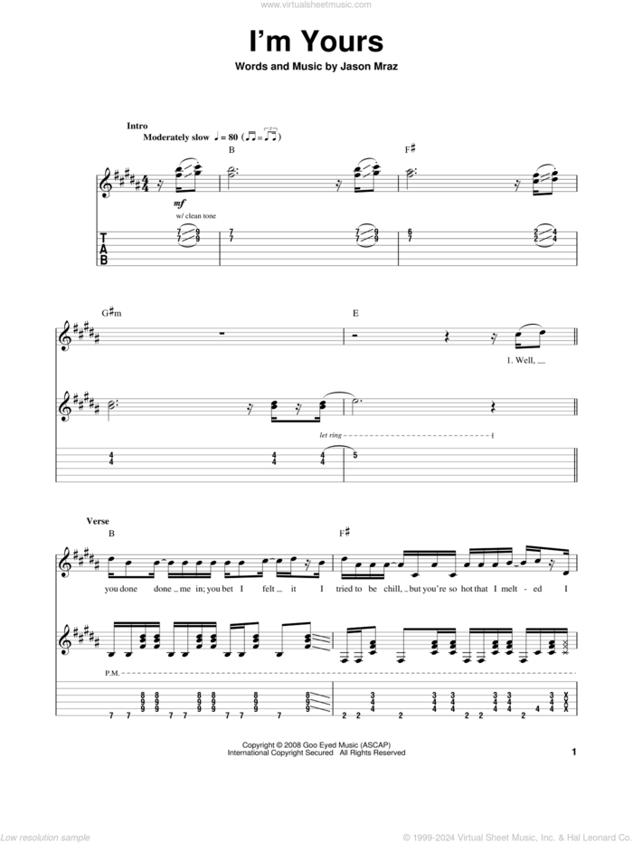 I'm Yours sheet music for guitar (tablature, play-along) by Jason Mraz, wedding score, intermediate skill level