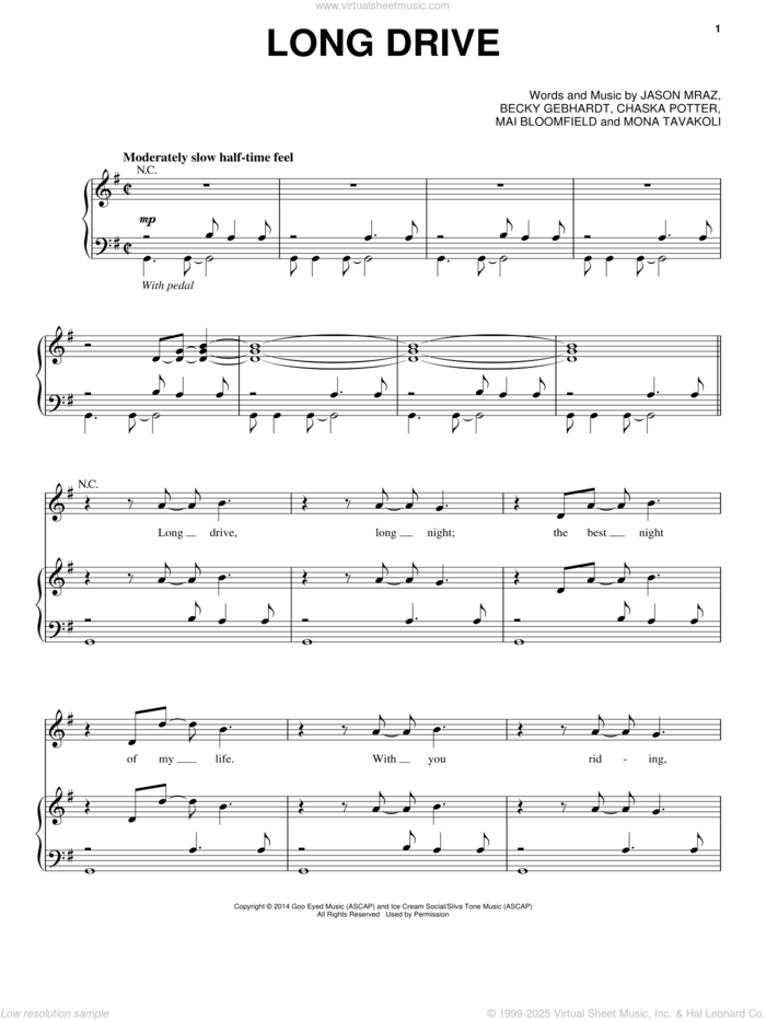 Long Drive sheet music for voice, piano or guitar by Jason Mraz, Becky Gebhardt, Chaska Potter, Mai Bloomfield and Mona Tavakoli, intermediate skill level