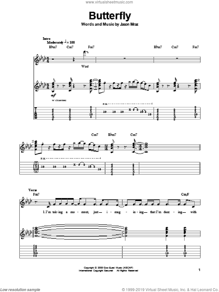 Butterfly sheet music for guitar (tablature, play-along) by Jason Mraz, intermediate skill level