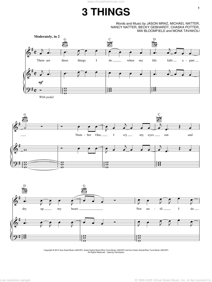 3 Things sheet music for voice, piano or guitar by Jason Mraz, Becky Gebhardt, Chaska Potter, Mai Bloomfield, Michael Natter, Mona Tavakoli and Nancy Natter, intermediate skill level