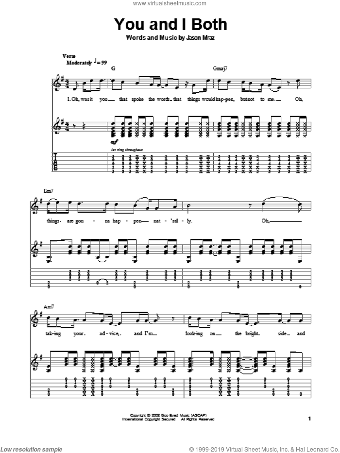You and I Both sheet music for guitar (tablature, play-along) by Jason Mraz, intermediate skill level