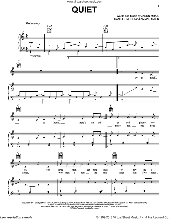 Quiet sheet music for voice, piano or guitar by Jason Mraz, Ammar Malik and Daniel Omelio, intermediate skill level