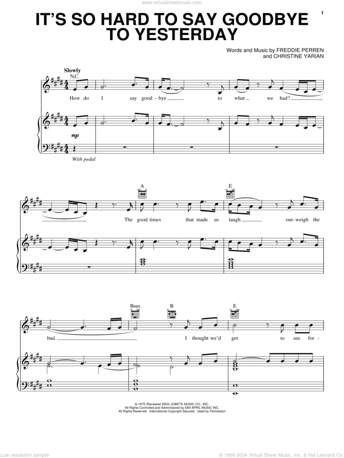 It's So Hard To Say Goodbye To Yesterday sheet music for voice, piano or guitar by Jason Mraz, Boyz II Men, Christine Yarian and Frederick Perren, intermediate skill level