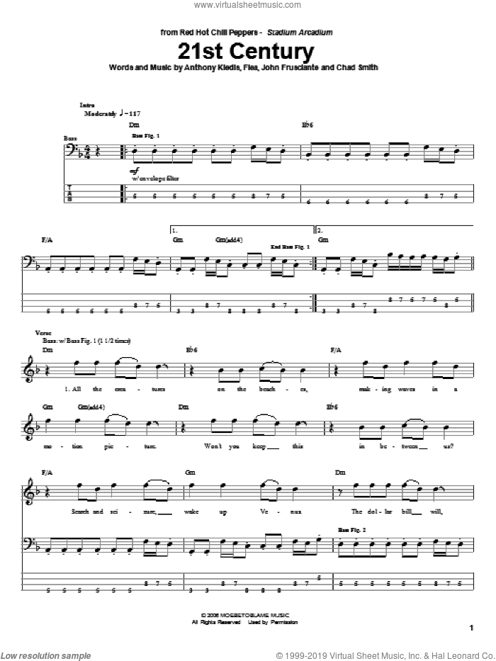 21st Century sheet music for bass (tablature) (bass guitar) by Red Hot Chili Peppers, Anthony Kiedis, Chad Smith, Flea and John Frusciante, intermediate skill level