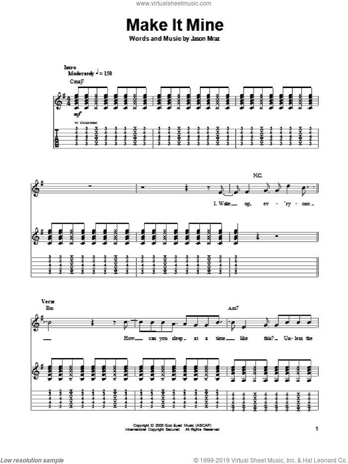 Make It Mine sheet music for guitar (tablature, play-along) by Jason Mraz, intermediate skill level