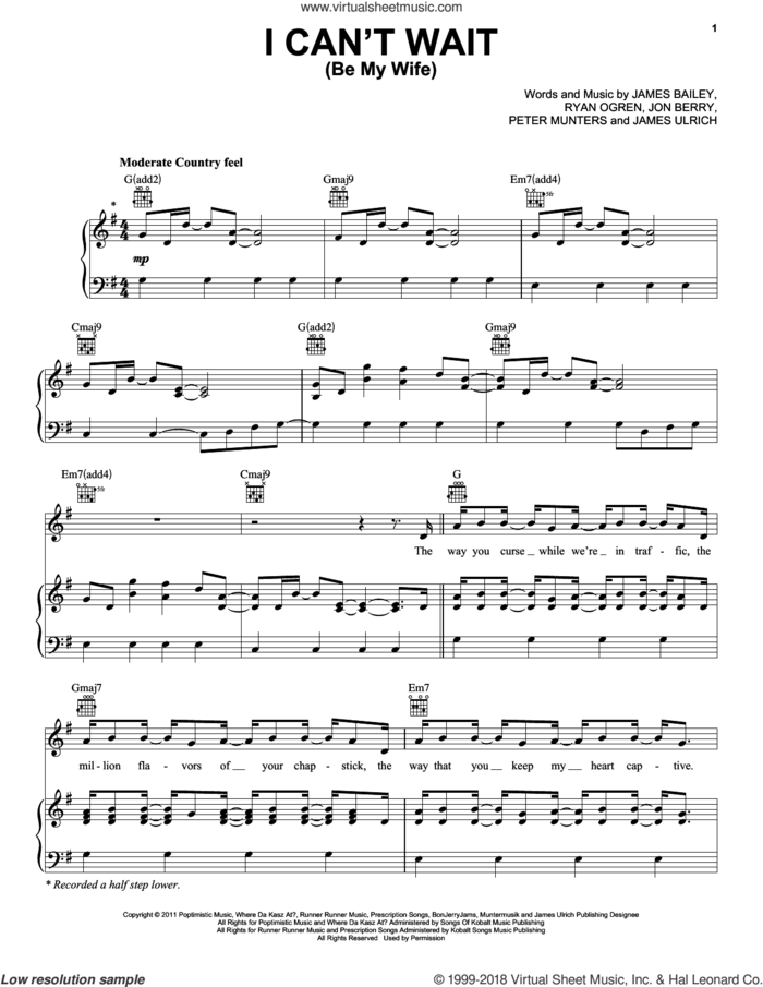 I Can't Wait (Be My Wife) sheet music for voice, piano or guitar by Ben Rue, intermediate skill level