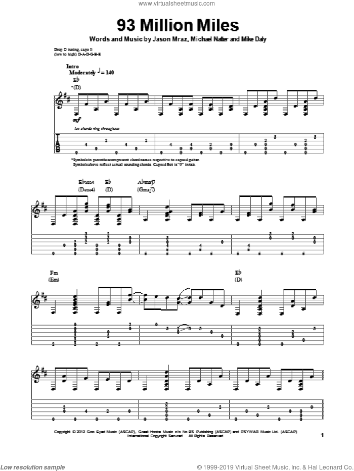 93 Million Miles sheet music for guitar (tablature, play-along) by Jason Mraz, Michael Natter and Mike Daly, intermediate skill level