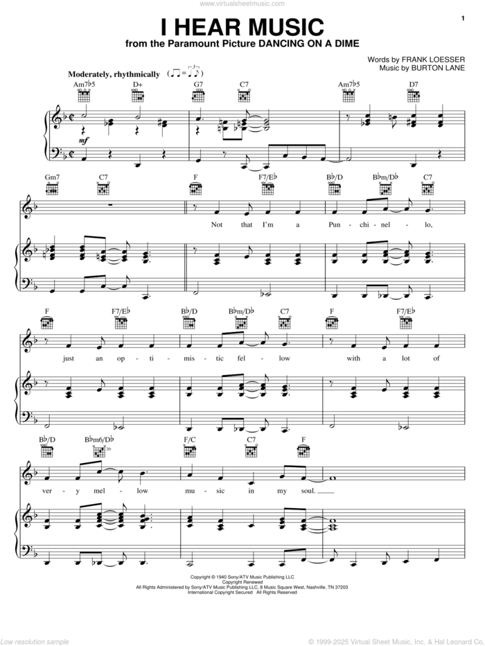 I Hear Music sheet music for voice, piano or guitar by Frank Loesser and Burton Lane, intermediate skill level