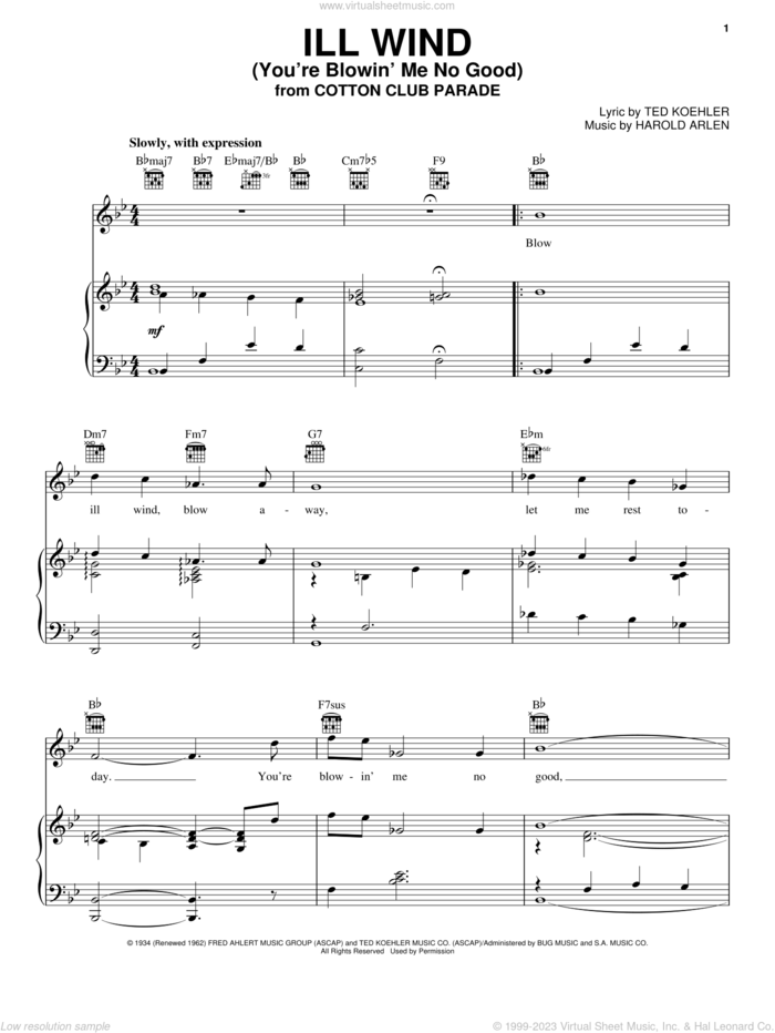 Ill Wind (You're Blowin' Me No Good) sheet music for voice, piano or guitar by Harold Arlen and Ted Koehler, intermediate skill level