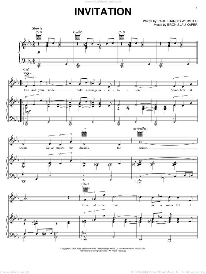 Invitation sheet music for voice, piano or guitar by Paul Francis Webster and Bronislau Kaper, intermediate skill level