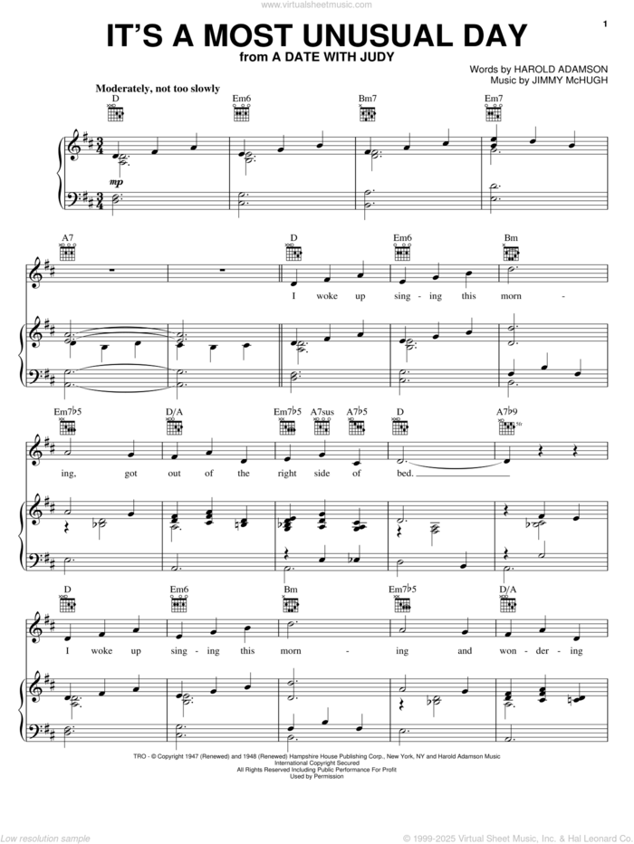 It's A Most Unusual Day sheet music for voice, piano or guitar by Harold Adamson and Jimmy McHugh, intermediate skill level