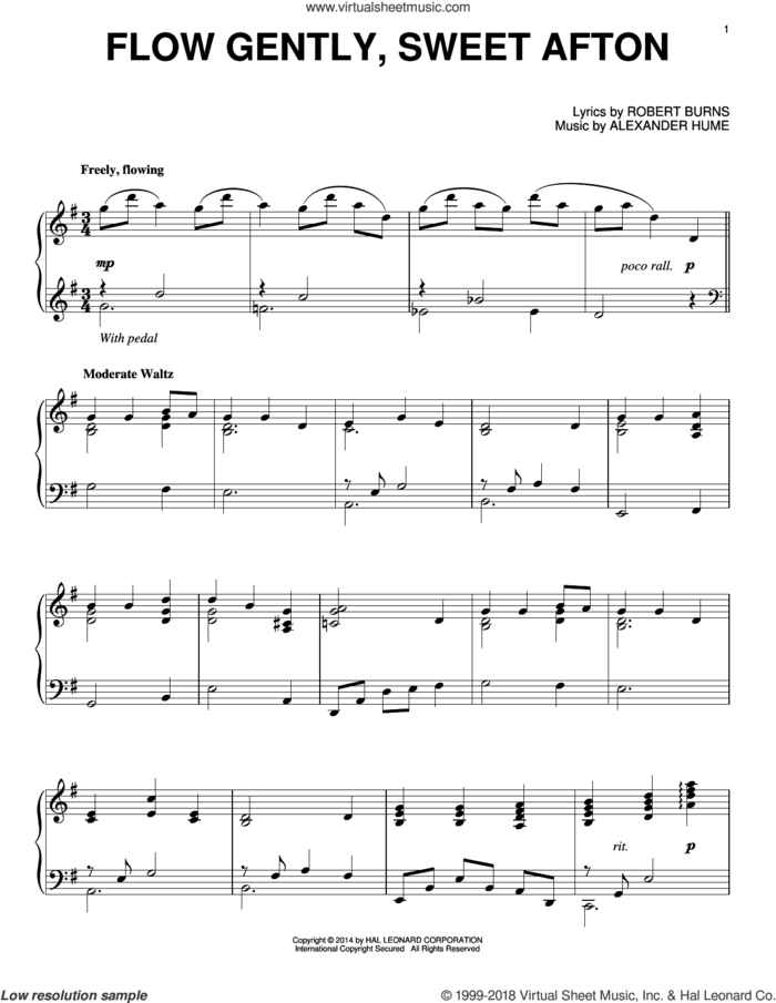 Flow Gently, Sweet Afton sheet music for piano solo by Robert Burns and Alexander Hume, intermediate skill level
