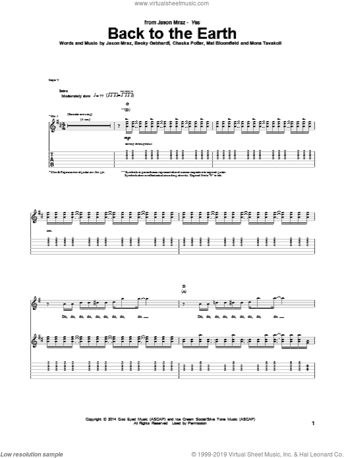 Back To The Earth sheet music for guitar (tablature) by Jason Mraz, Becky Gebhardt, Chaska Potter, Mai Bloomfield and Mona Tavakoli, intermediate skill level