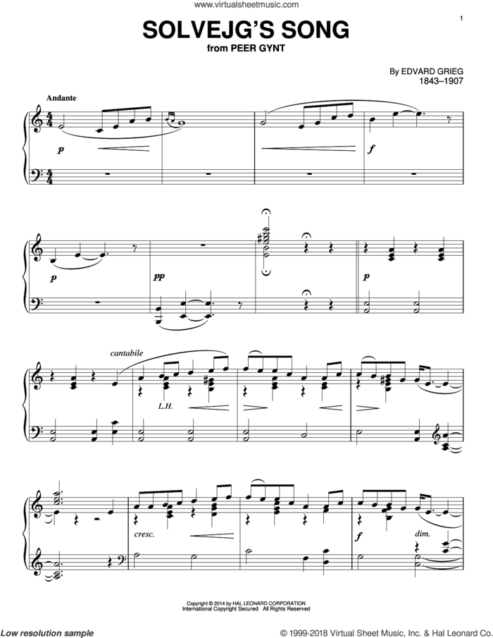 Solvejg's Song sheet music for piano solo by Edvard Grieg, Arthur Westbrook and Henrik Ibsen, classical score, intermediate skill level
