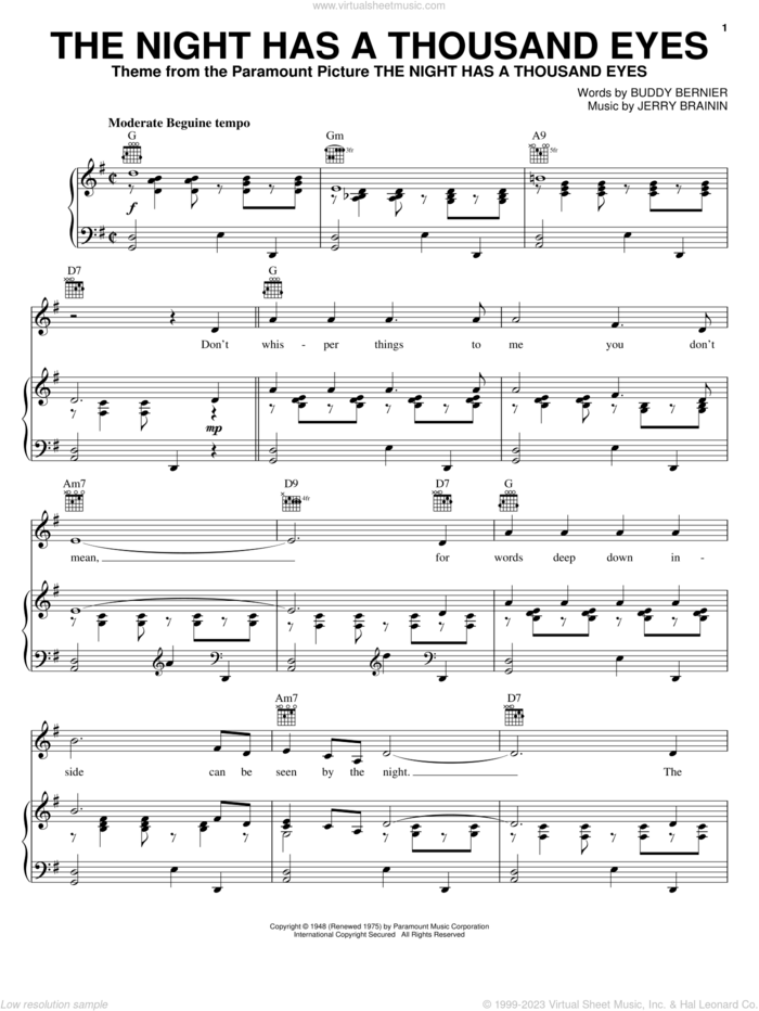 The Night Has A Thousand Eyes sheet music for voice, piano or guitar by Buddy Bernier and Jerry Brainin, intermediate skill level