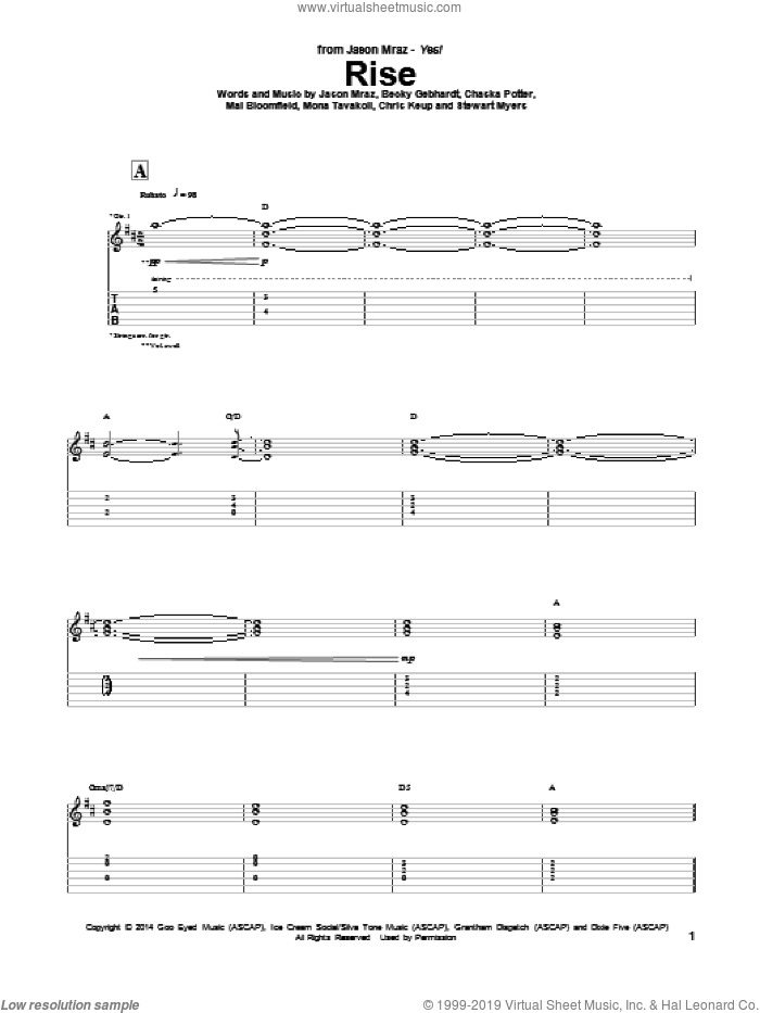 Rise sheet music for guitar (tablature) by Jason Mraz, Becky Gebhardt, Chaska Potter, Chris Keup, Mai Bloomfield, Mona Tavakoli and Stewart Myers, intermediate skill level