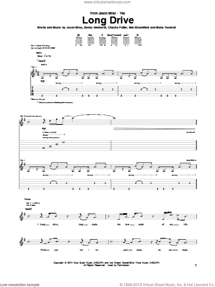 Long Drive sheet music for guitar (tablature) by Jason Mraz, Becky Gebhardt, Chaska Potter, Mai Bloomfield and Mona Tavakoli, intermediate skill level