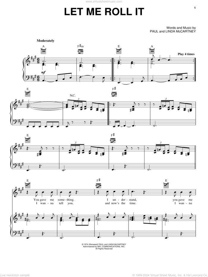 Let Me Roll It sheet music for voice, piano or guitar by Paul McCartney and Linda McCartney, intermediate skill level