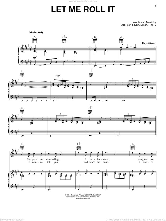 Let Me Roll It sheet music for voice, piano or guitar by Paul McCartney and Linda McCartney, intermediate skill level