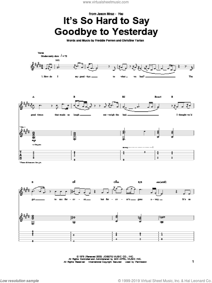 It's So Hard To Say Goodbye To Yesterday sheet music for guitar (tablature) by Jason Mraz, Boyz II Men, Christine Yarian and Frederick Perren, intermediate skill level
